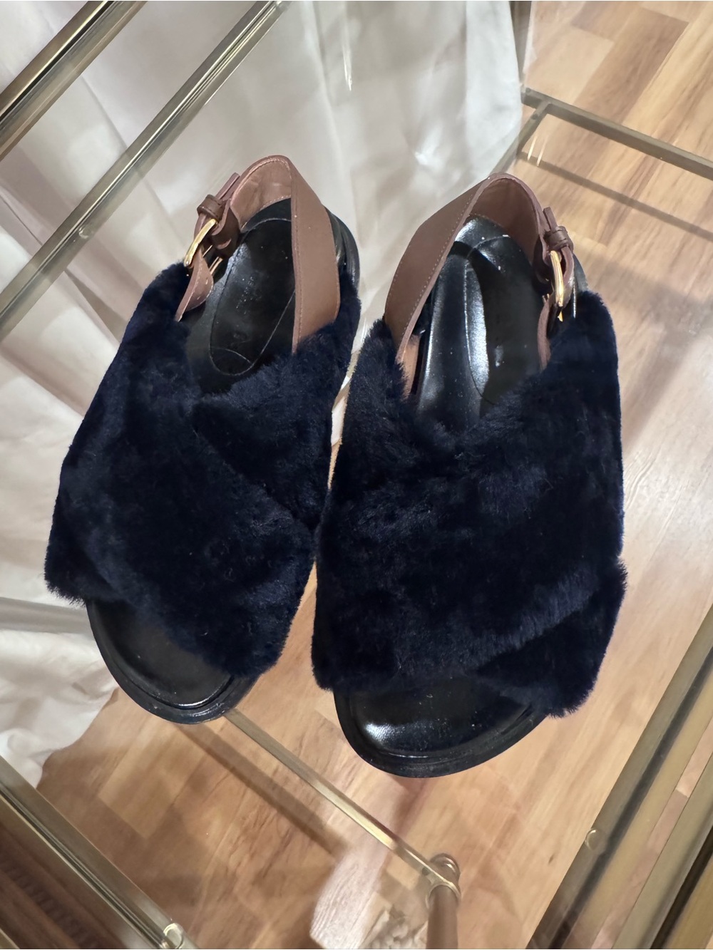 Marni Navy Faux Fur Slide Sandals with Brown Sling Strap